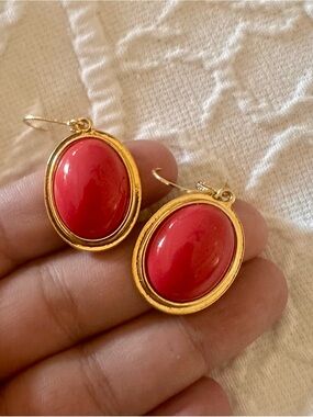 Gold and  Red Oval Drop Earrings